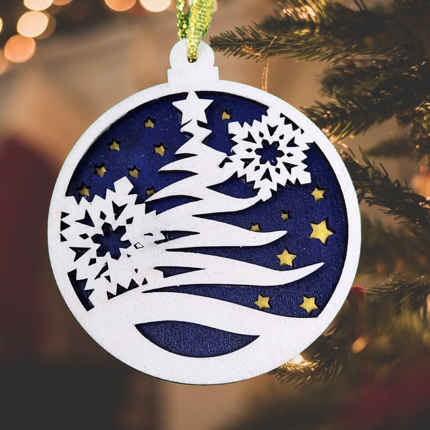 Handmade Wooden Christmas Ornament: Laser Cut Snowflakes on a Round Bauble, Tree Decoration