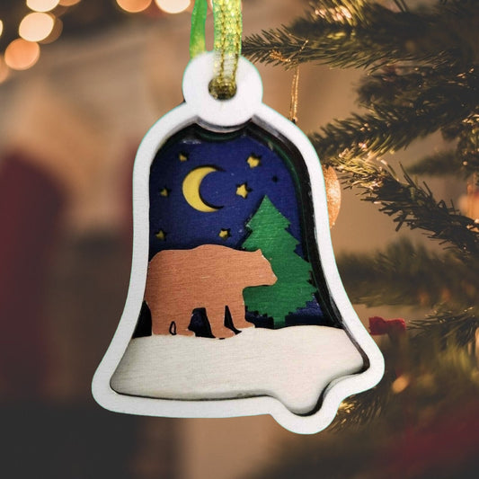 Handmade Christmas Ornament - Laser Cut Wooden Bell Shape Bauble with Tree, Brown Bear, and Moon Design