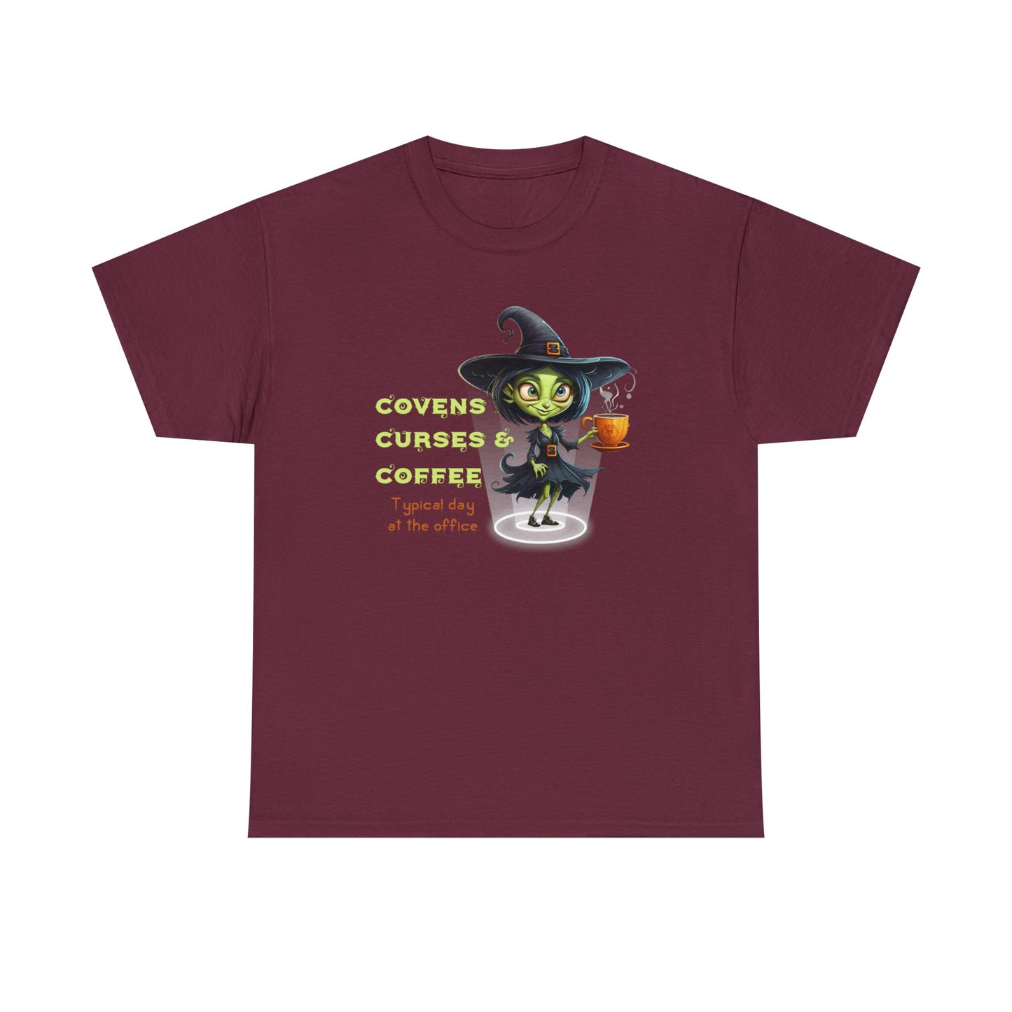 Coffee, Covens & Curses a Typical Day at the Office, Halloween T-shirt Spooky Halloween Tee featuring a Green Witch
