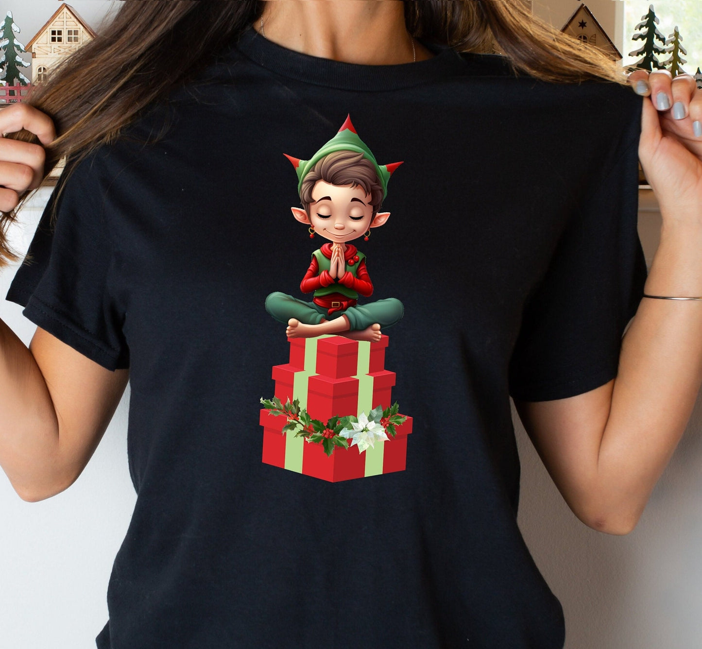 Elf Girl Namaste Cute Funny Yoga Meditation Holiday, groovy elf, Christmas Humor, Gift for her, Gift for yogi, yoga shirt, namaste tee funny