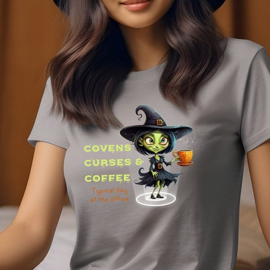 Coffee, Covens & Curses a Typical Day at the Office, Halloween T-shirt Spooky Halloween Tee featuring a Green Witch