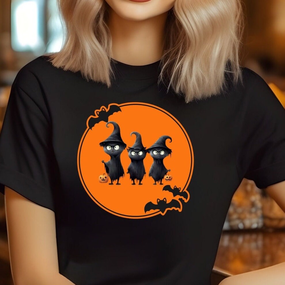 Halloween Cat Trio Spooky Witch Shirt, Fall Halloween Witch Cat Shirt - Spooky Seasonal Graphic Tee, Spooky Vibe