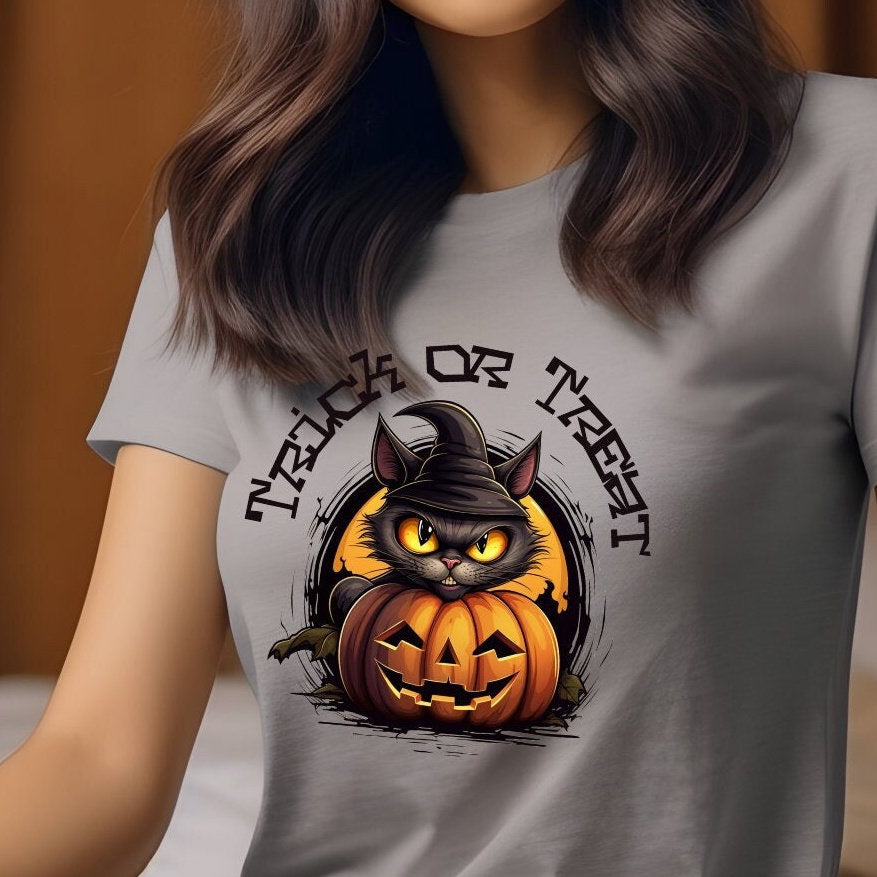 Halloween Scary Black Cat Trick or Treat Witch Pumpkin Fall T-Shirt Black Cat on Pumpkin shirt for fall Black Cat tee Halloween Black Cat