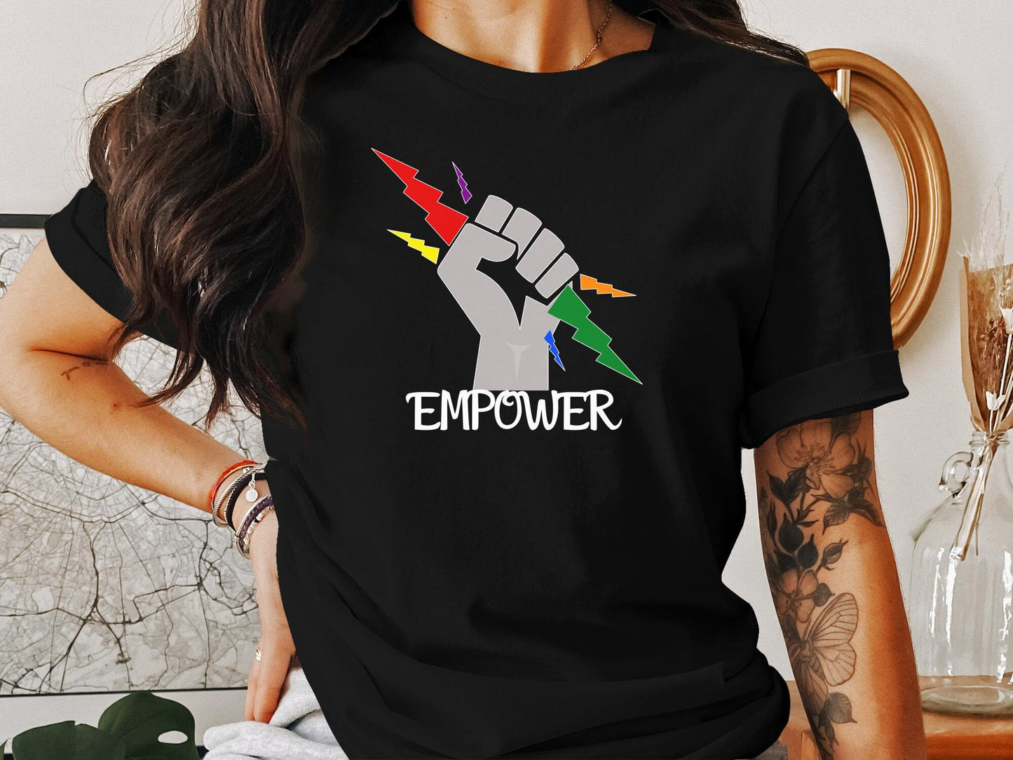 Empower Shirt - Rainbow Fist and Lightning Bolts Tee T-shirt, womens shirt, cute womens shirt, gift for sister