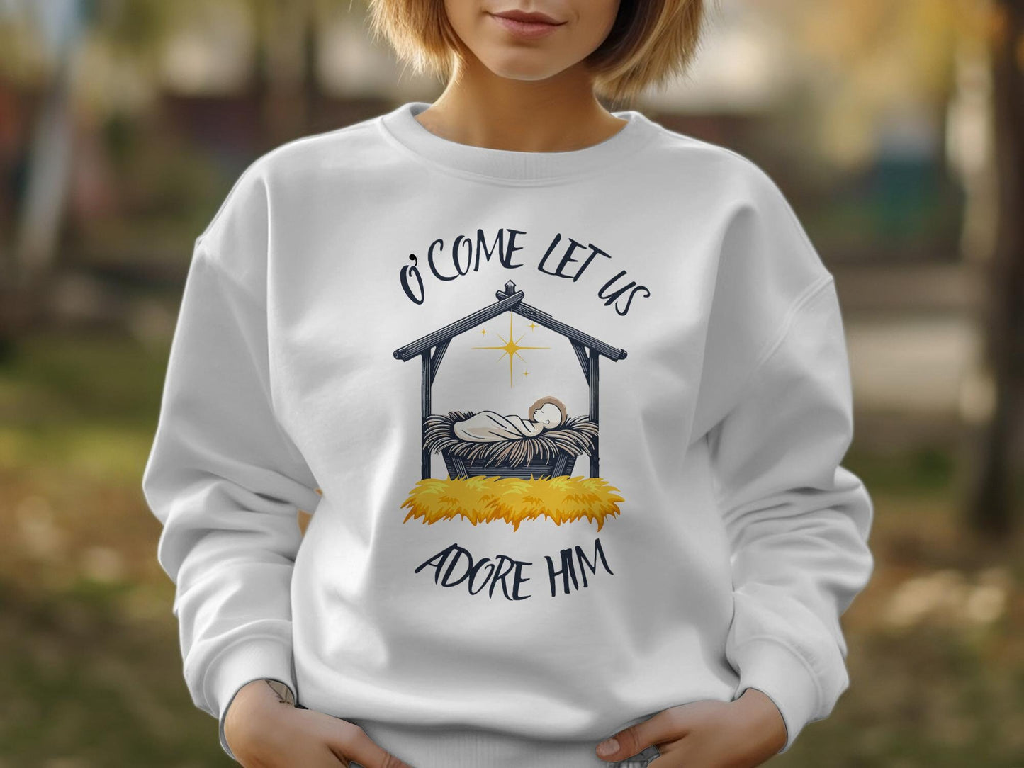 Oh Come, Let Us Adore Him Shirt - Baby Jesus in Manger Winter Holiday Tee, Religious Christmas Gifts, Nativity Xmas Shirt