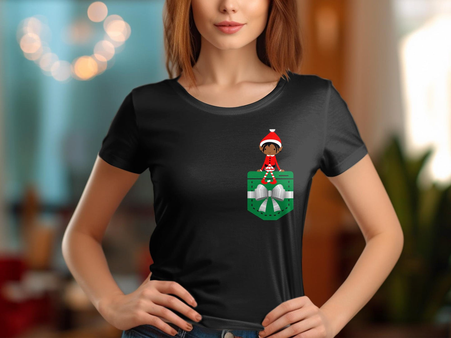 Christmas Girl Elf in a Pocket Shirt - Holiday Xmas Elf Funny Tee, Christmas Gift for Family, Winter Tee