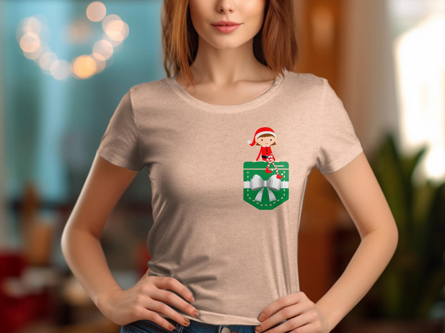 Christmas Girl Elf in a Pocket Shirt - Holiday Xmas Elf Funny Tee, Christmas Gift for Family, Winter Tee