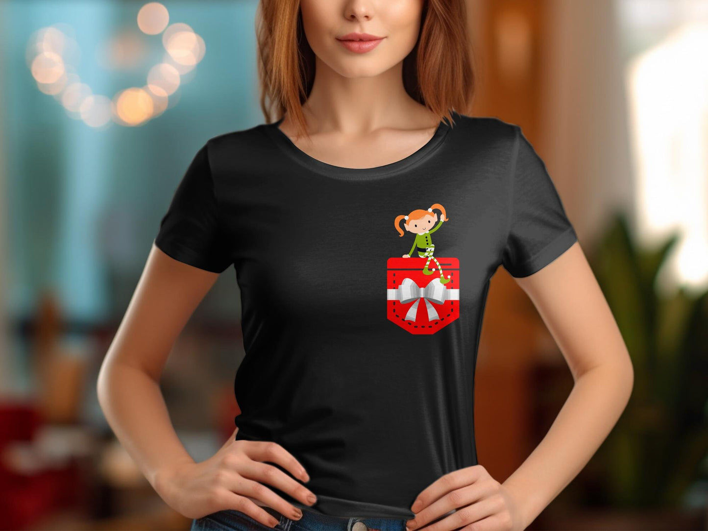 Christmas Girl Elf in a Pocket Shirt - Holiday Xmas Elf Funny Tee, Christmas Gift for Family, Winter Tee