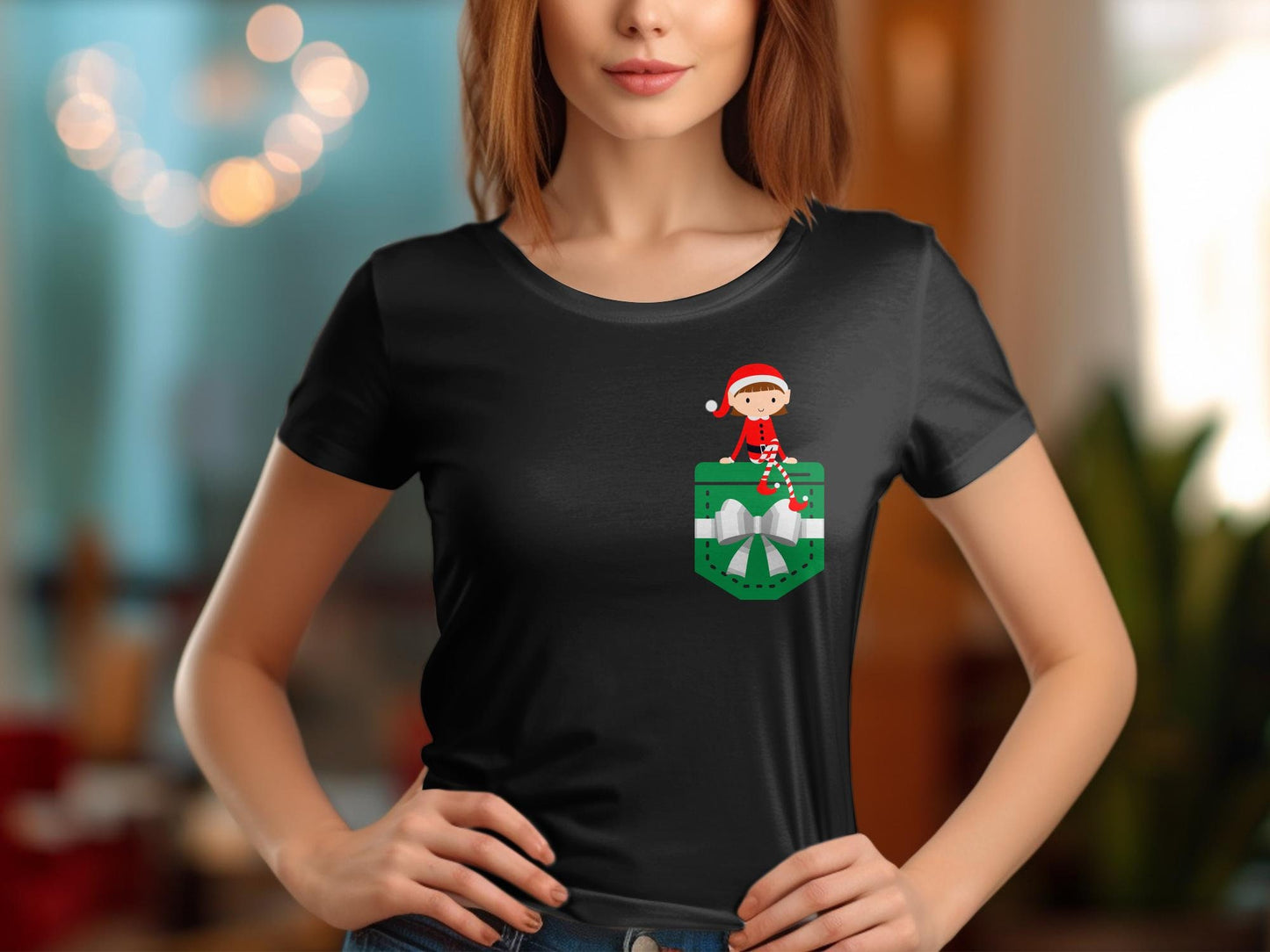 Christmas Girl Elf in a Pocket Shirt - Holiday Xmas Elf Funny Tee, Christmas Gift for Family, Winter Tee