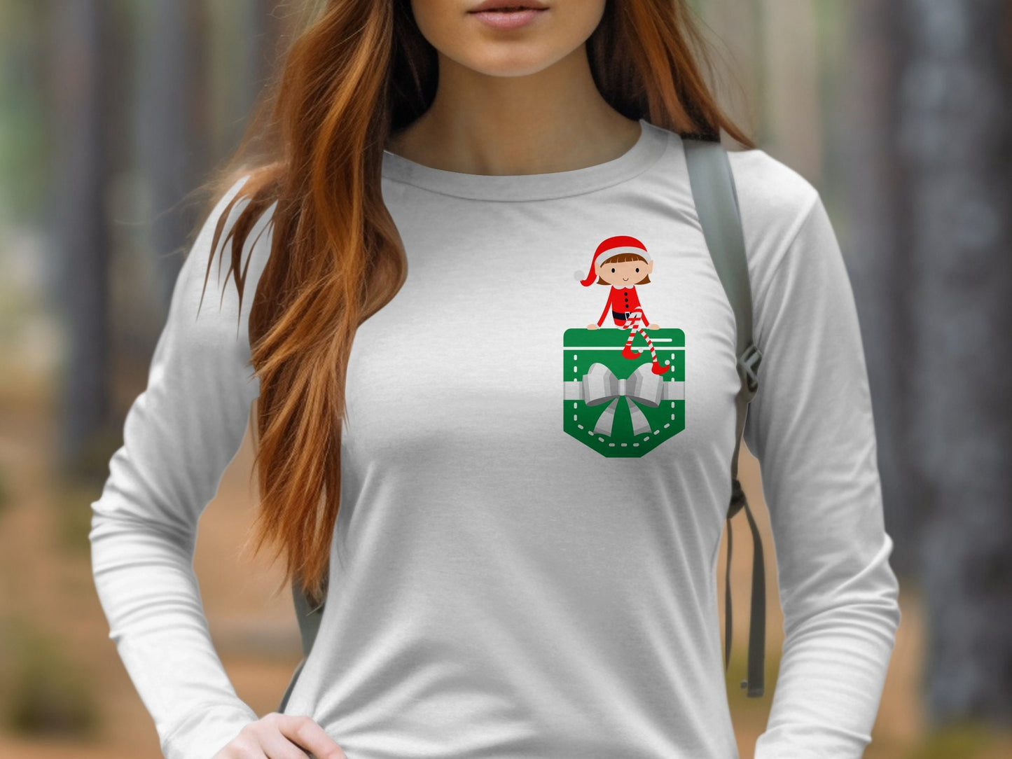 Christmas Girl Elf in a Pocket Shirt - Holiday Xmas Elf Funny Tee, Christmas Gift for Family, Winter Tee